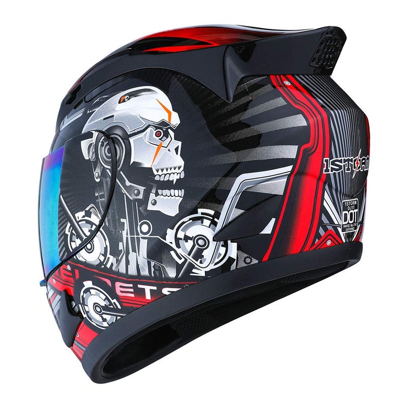 1Storm Motorcycle Bike Full FACE Helmet Mechanic Skull Size Medium - Tinted Visor RED - Image 4